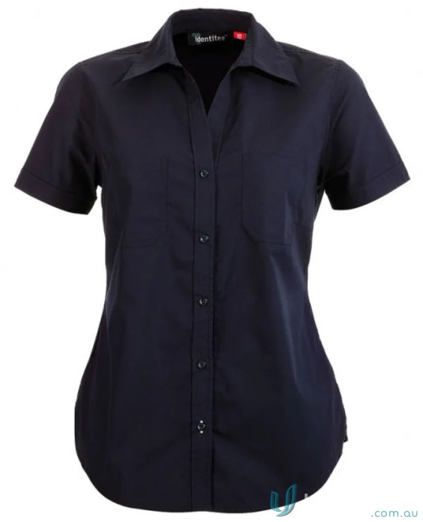 Ladies Harley navy blue short sleeve shirt with collar and button front for uniforms
