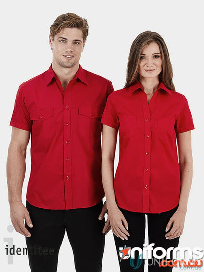Two people wearing Ladies Harley short sleeve uniforms in red shirts and black pants