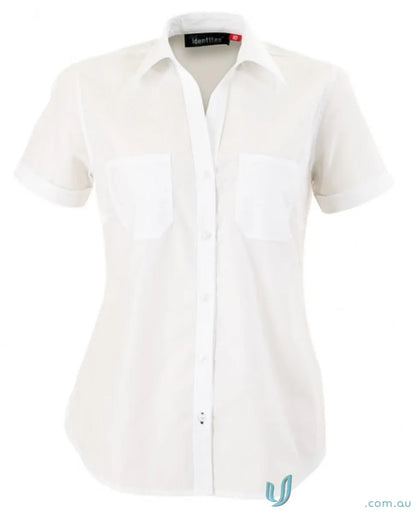Ladies Harley short sleeve white collared shirt with front pockets, perfect for uniforms