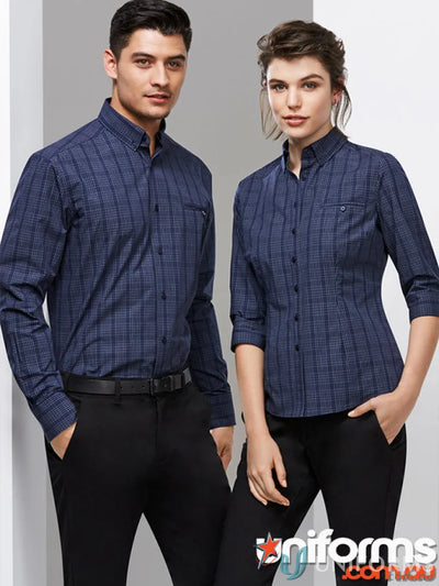 Two ladies wearing matching Lady Harper Long Sleeve S820LT Biz Collection Ladies shirts