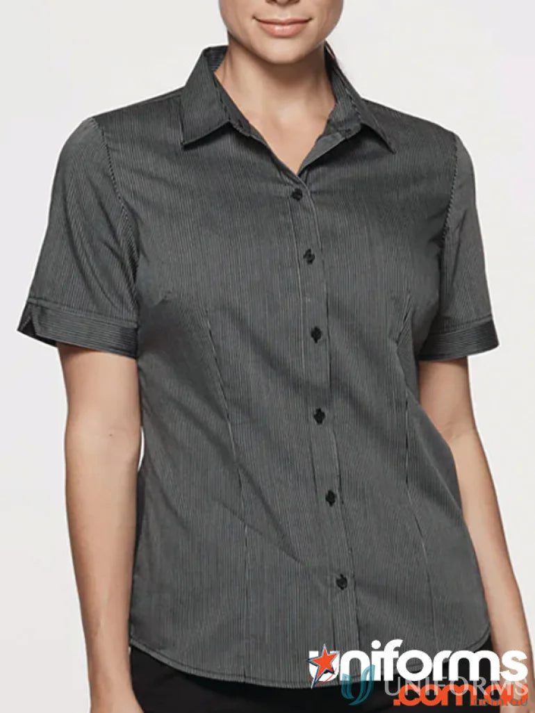 Ladies Henely S/S Shirt with stylish waist darts and cuff stripe details