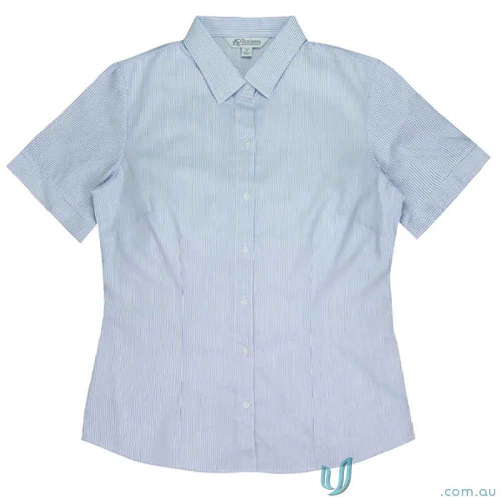 Ladies Henely S/S shirt with cuff stripes and stylish waist darts showing its striped short-sleeved button-down design