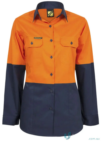 Ladies HI VIS 2 Tone Shirt in orange and navy blue cotton drill with twin needle stitching stays cool