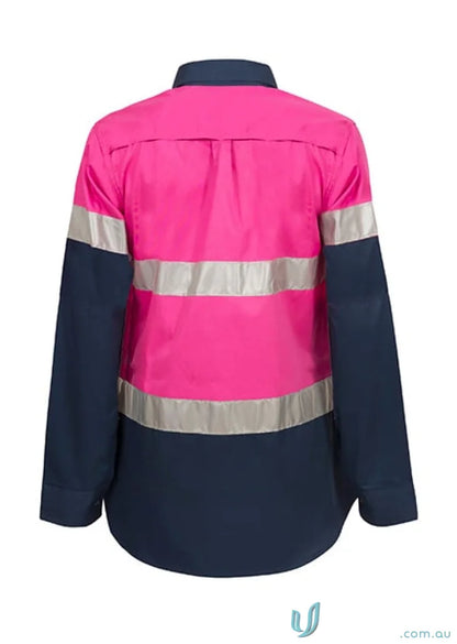 Pink and navy blue ladies hi vis tone shirt with reflective tape for visibility