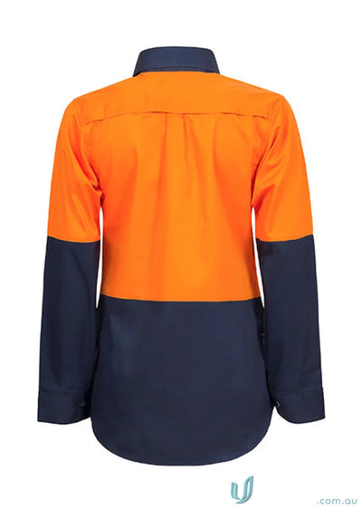 Ladies HI VIS 2 Tone Shirt in orange and navy blue with cotton drill fabric and twin needle stitching to stay cool