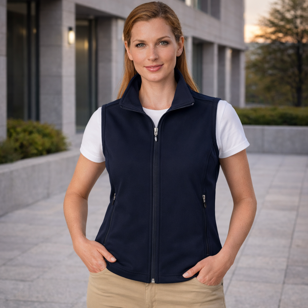 Jk26 ladies hitech softshell navy blue zip-front fleece vest