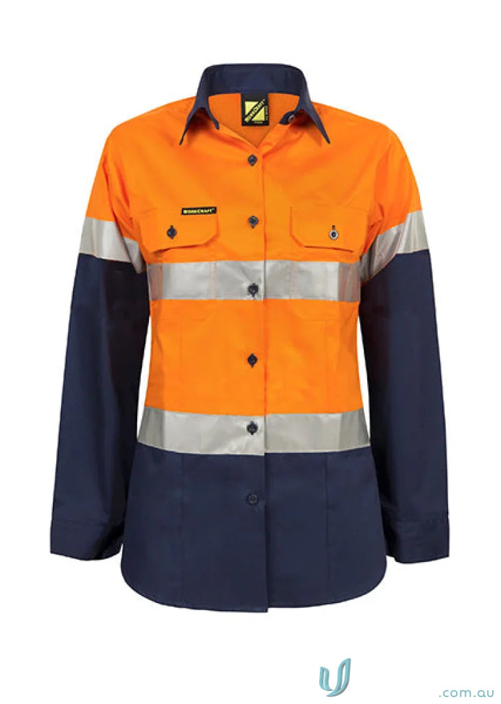 Ladies HiVis LS shirt with reflective tape in orange and navy blue showing reinforced stress points