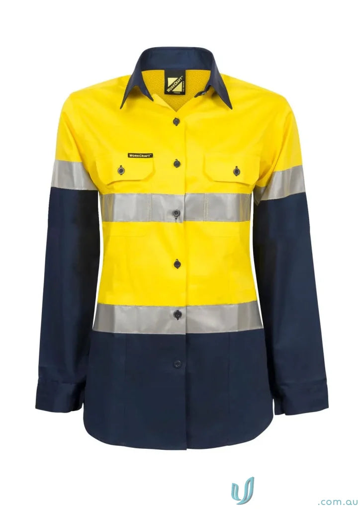 Ladies HiVis LS shirt with reflective tape and reinforced stress points, yellow navy blue