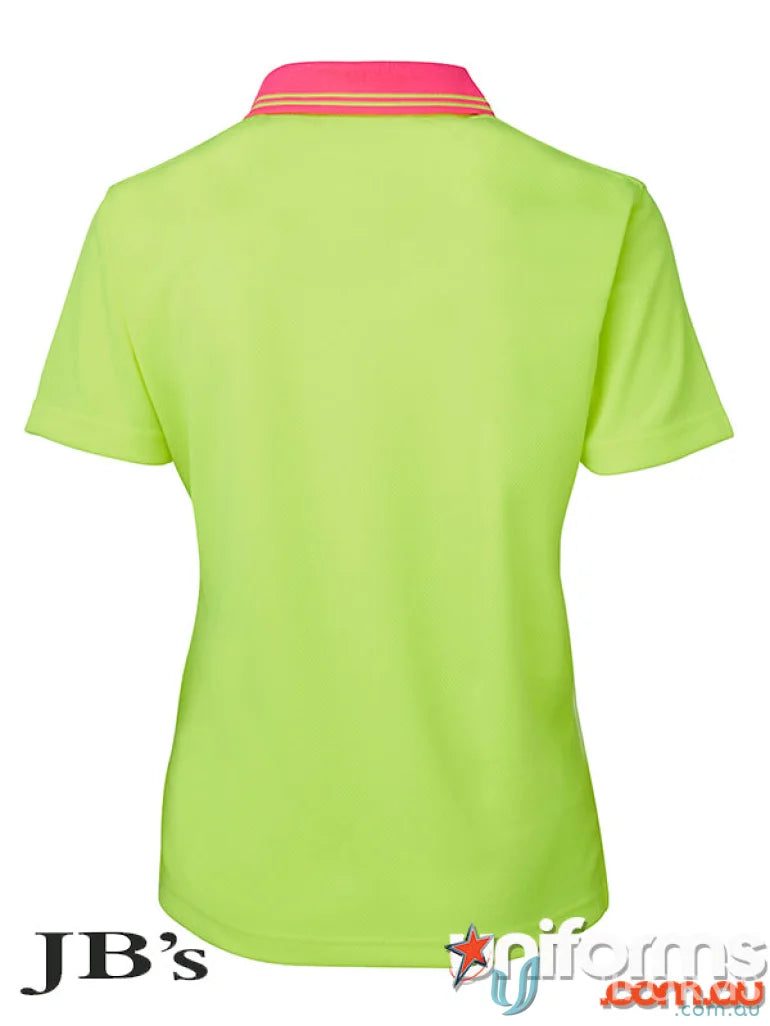 Neon green fabric Polo shirt with pink collar for Ladies HiVis SS Comfort Polo workwear