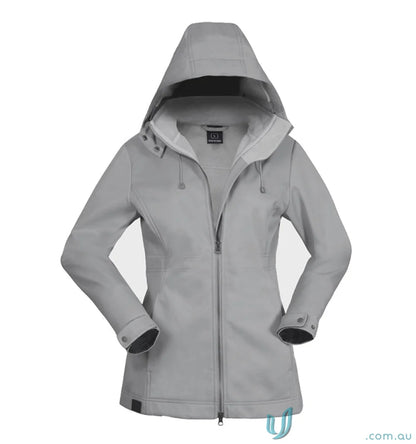 Gray hooded softshell jacket from Ladies Horizon Jacket with waterproof stay dry and detachable hood for women