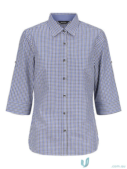 Blue and white checkered Ladies Hudson 3/4 Sleeve Shirt perfect for a casual look