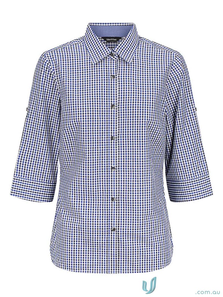 Blue and white checkered Ladies Hudson 3/4 Sleeve Shirt perfect for a casual look