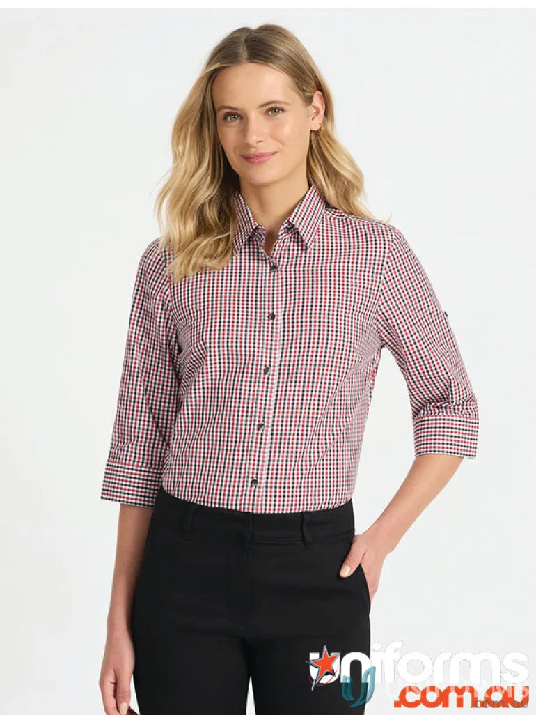 Ladies Hudson red and black checkered 3/4 sleeve shirt for women, stylish black white pattern