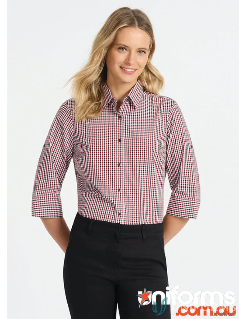 Ladies Hudson red and white checkered 3/4 sleeve shirt with black pants