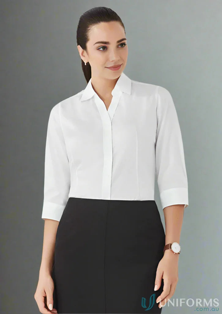 Lady in white blouse and black skirt wearing Ladies Hudson Cotton 3Qtr Shirt for real estate vibes