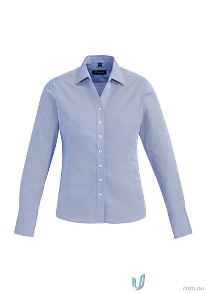 Light blue ladies Hudson cotton long sleeve shirt made from yarn-dyed cotton