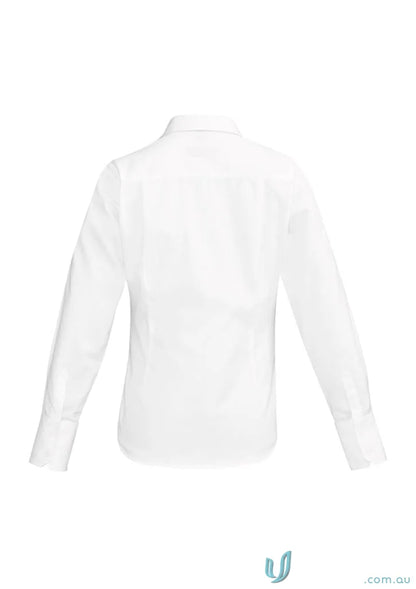 White long-sleeved Ladies Hudson Cotton LS Shirt made from comfy yarn-dyed cotton