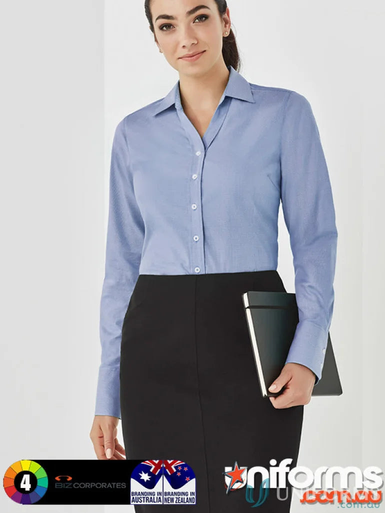 Ladies Hudson Cotton LS Shirt with long sleeve blue button-down and black skirt
