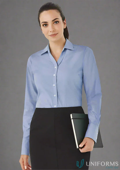 Ladies Hudson Cotton LS Shirt showcasing a professional woman’s blue yarn-dyed cotton long sleeve top