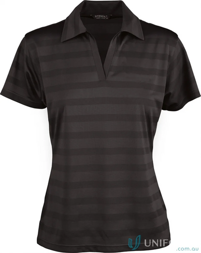Ladies Ice Cool Polo shirt with black stripes, perfect for workwear and uniforms
