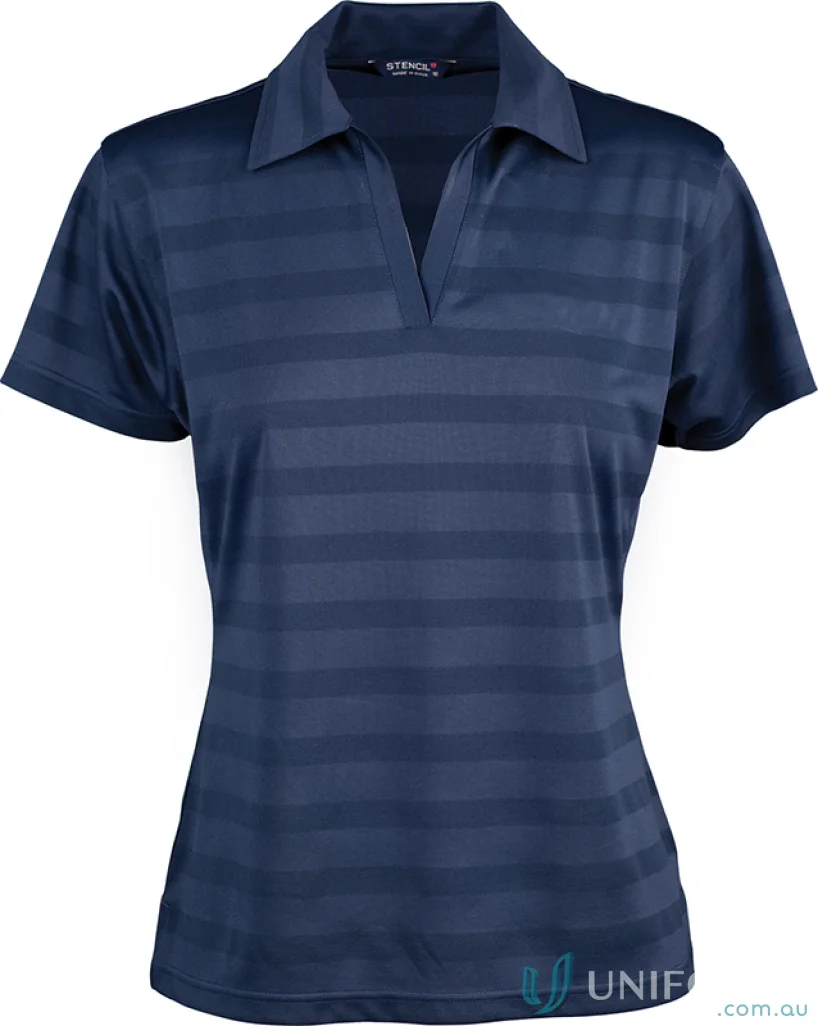 Ladies Ice Cool Polo with navy stripes, perfect for uniforms or casual workwear
