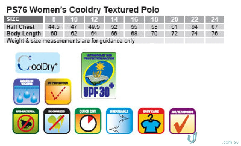 Women’s polo size chart and fabric details for Winning Spirit Ladies Icon CoolDry Textured Polo