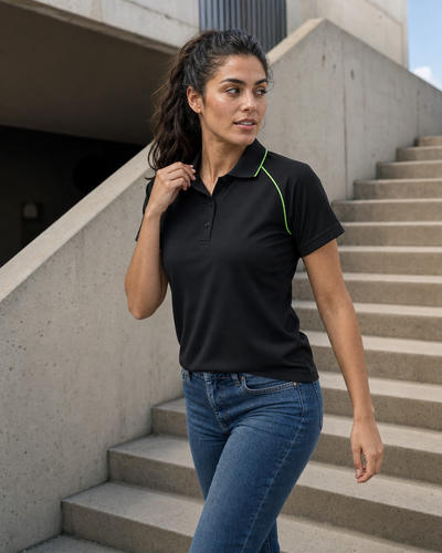Ladies Iconic Raglan Polo on Mediterranean Australian fashion model with matte natural skin