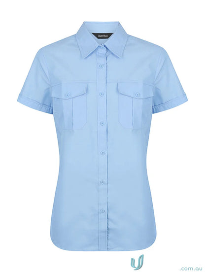 Light blue ladies jasper short sleeve button-down shirt for a casual look