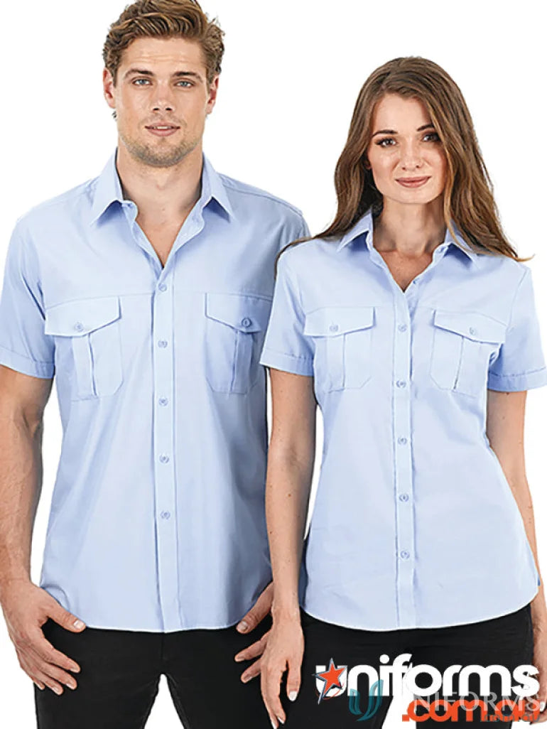 Matching light blue Ladies Jasper Short Sleeve Shirts for a stylish casual look