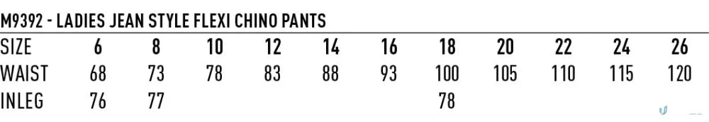 Ladies jean style flexi chino pants size chart showcasing jacquard weave fabric