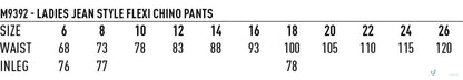 Ladies jean style flexi chino pants size chart showcasing jacquard weave fabric