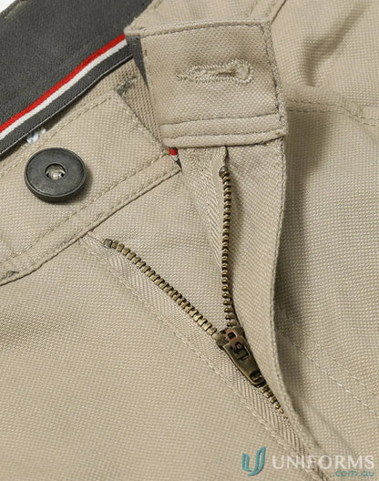 Beige ladies jean style flexi chino pants with open zipper detail