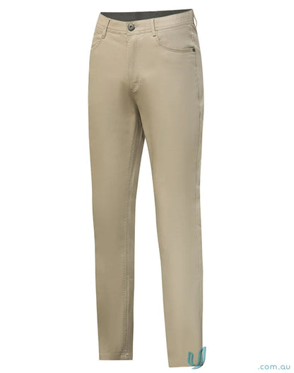 Khaki-colored ladies jean style flexi chino pants with jacquard weave design
