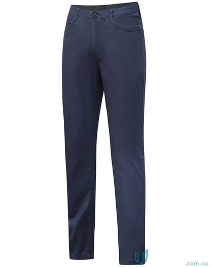 Navy blue ladies jean style flexi chino pants with jacquard weave for casual wear