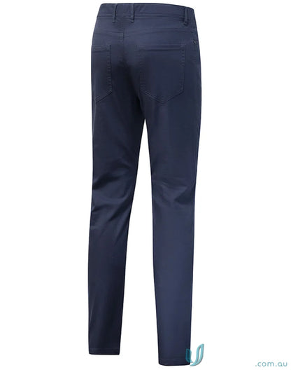 Navy blue ladies jean style flexi chino pants with jacquard weave for trendy casual look