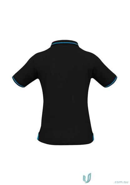 Ladies Jet Collection black short sleeve polo with light blue trim from P226LS