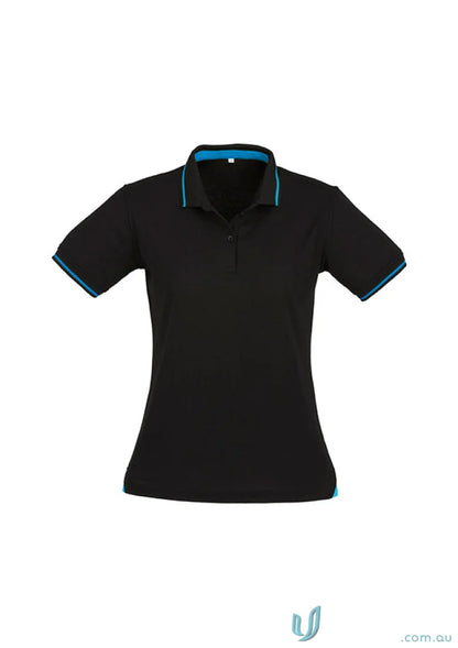 Ladies Jet Collection p226ls black short sleeve polo with blue trim on collar and cuffs