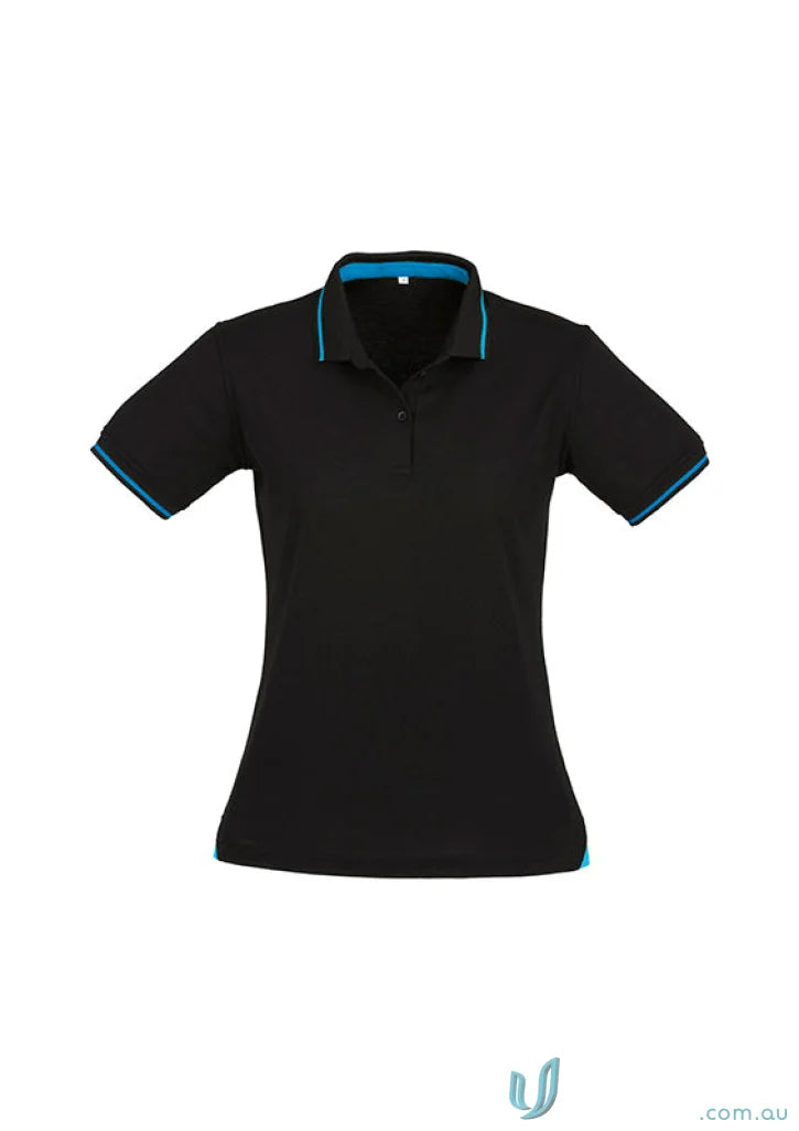 Ladies Jet Collection p226ls black short sleeve polo with blue trim on collar and cuffs