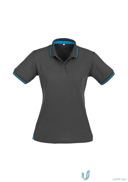 Ladies Jet Collection short sleeve polo in dark grey with blue trim from p226ls