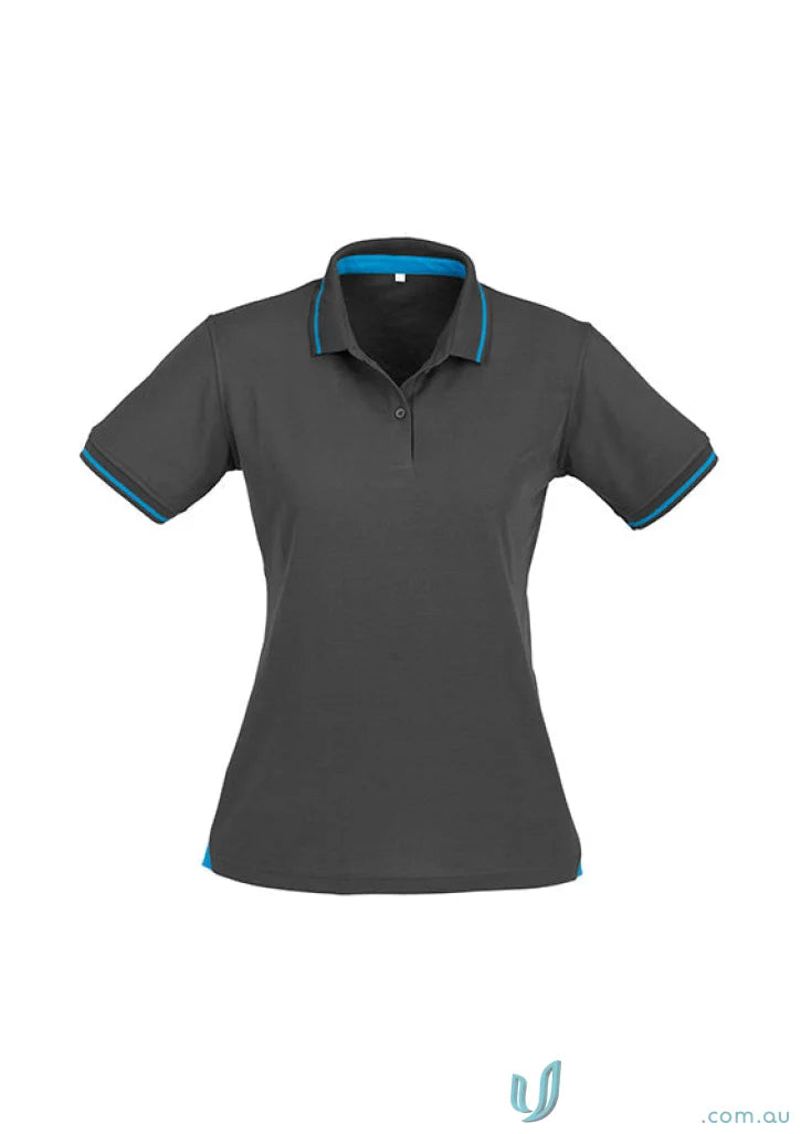 Ladies Jet Collection short sleeve polo in dark grey with blue trim from p226ls