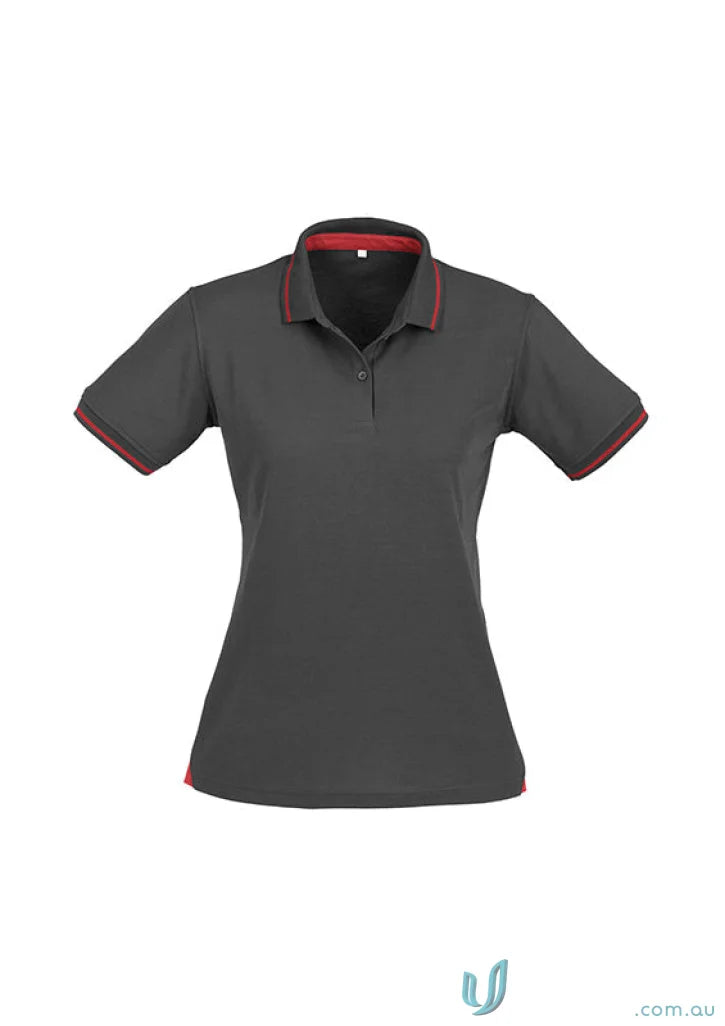 Ladies Jet Collection short sleeve polo in dark grey with red trim from P226LS