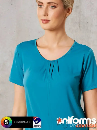 Ladies Julia top featuring teal short sleeve scoop neck with pleated detail for a stylish look