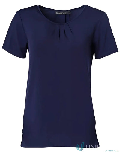 Ladies Julia navy blue short sleeve top with gathered round neckline perfect for winning spirit ladies