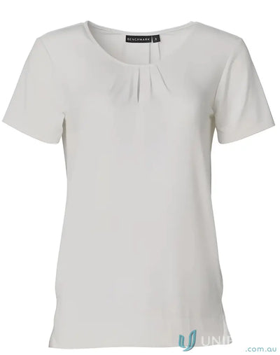 Ladies Julia top with short sleeves, round neck, and pleated detail perfect for winning spirit ladies