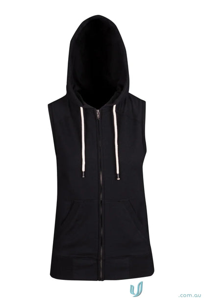 Black hooded sleeveless zip-up sweatshirt perfect for ladies’ work uniforms or casual wear