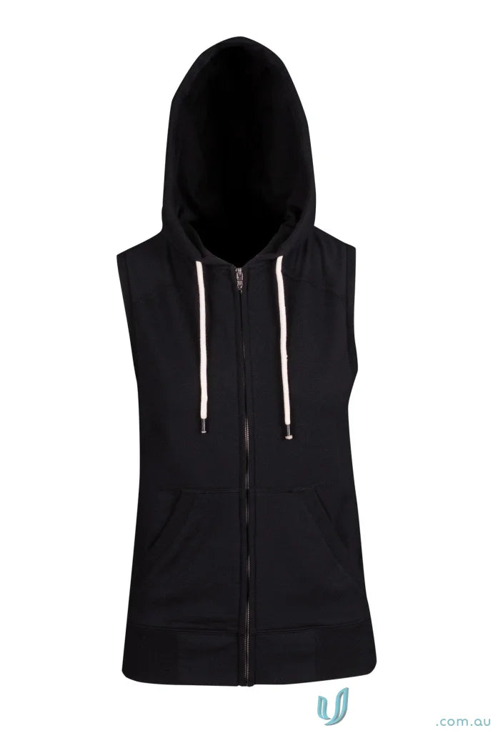 Black hooded sleeveless zip-up sweatshirt perfect for ladies’ work uniforms or casual wear