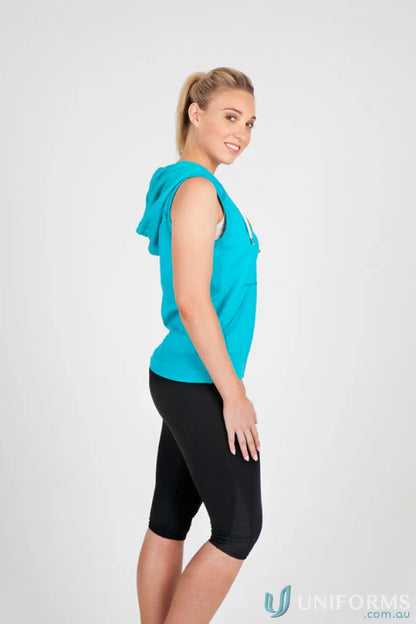 Blonde woman in athletic wear showcasing Ladies Junior Heather Sleeveless Hoodies as stylish workwear