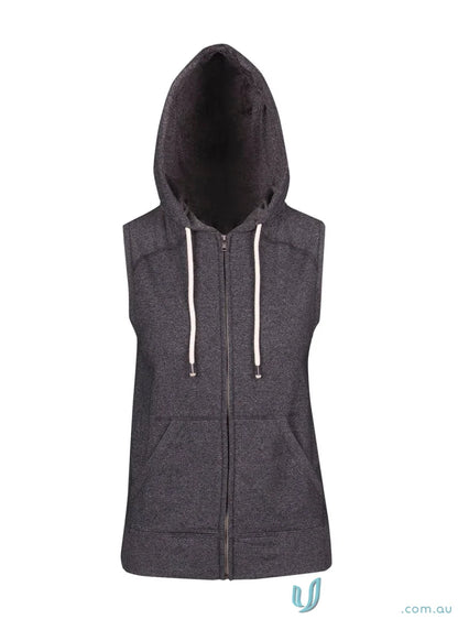 Gray hooded sleeveless vest from Ladies Junior Heather Hoodies perfect for work uniforms