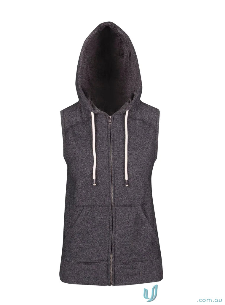 Gray hooded sleeveless vest from Ladies Junior Heather Hoodies perfect for work uniforms