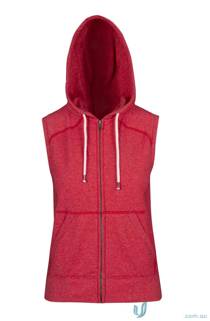 Red hooded sleeveless fleece jacket from Ladies Junior Heather Sleeveless Hoodies, perfect for workwear or uniforms
